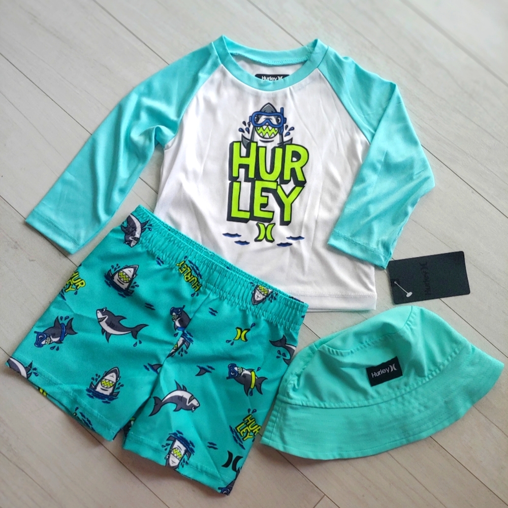 HURLEY Baby NEW Rashguard, Swim Shorts & Bucket Hat